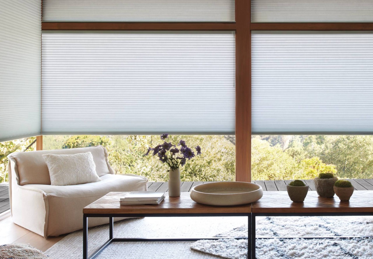 Hunter Douglas large living room windows in a home near Bulverde, TX